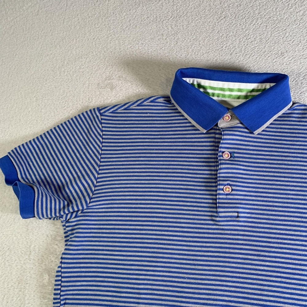 Robert Graham Polo Shirt Mens Medium Blue Stripe Stretch Knit Slim Fit Cotton